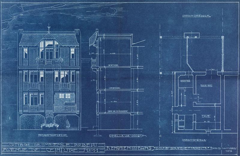 Elévation, plan et coupe de l'édifice, 1912.