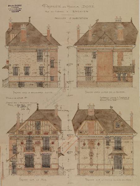 Elévations des quatre façades de la maison, signées par l'architecte parisien Jules Doré en 1907.