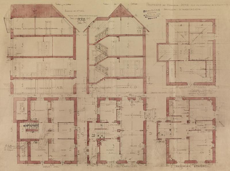 Plans et coupes de la maison, signés par l'architecte Jules Doré en 1907.