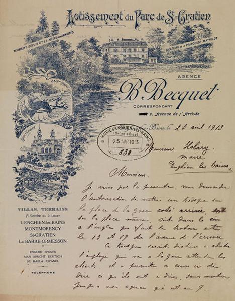 Papier à entête de l'agence Becquet, agence immobilière louant et vendant des terrains et des villas à Enghien les Bains, Montmorency, St Gratien et la Barre Ormesson.