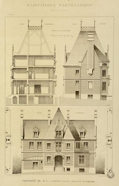 Elévation latérale droite, façade d'entrée dite sur le document 'façade postérieure' et coupe transversale de la maison de 'M.L.
