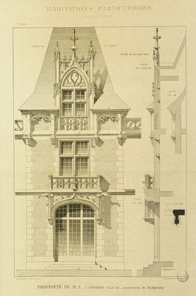 Elévation du pavillon central de la façade donnant sur le lac et coupes donnant le détail des différents éléments formant ressaut sur cette façade.