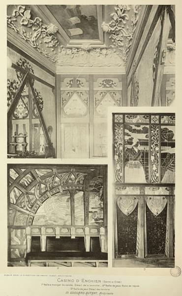 Vue intérieure. Détail des décors : corniche de la salle à manger du Cercle, bancs de repos et lambris avec vitraux de la salle de jeux.