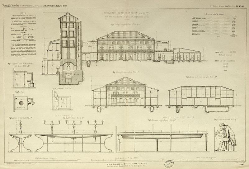 Coupes transversales et longitudinales du nouveau bâtiment de 1864. Détail des équipements de soins thermaux.