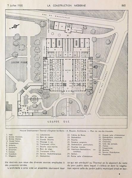 Plan d'ensemble du nouvel établissement thermal avec les jardins et le grand bâtiment central, 1935.
