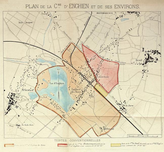 Plan de la commune en vue de l'annexion d'une partie des territoires de Deuil, en jaune, et de Montmorency, en rose, vers 1850.
