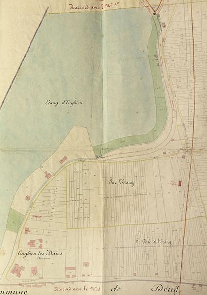 Extrait du plan parcellaire de la commune de Saint Gratien, 1846. Partie composée du lac d'Enghien avec en bas du plan, l'actuelle rue du Général de Gaulle et le tracé de l'actuelle avenue de Ceinture.