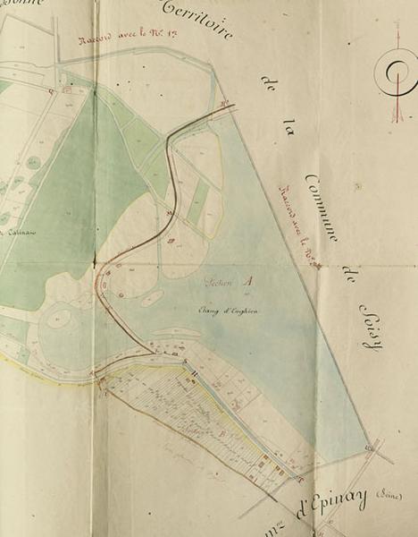 Extrait du plan parcellaire de la commune de Saint Gratien, 1846. Partie composée du château et du parc Catinat, du lac et d'une partie du tracé des actuelles avenue de Ceinture et boulevard du lac.
