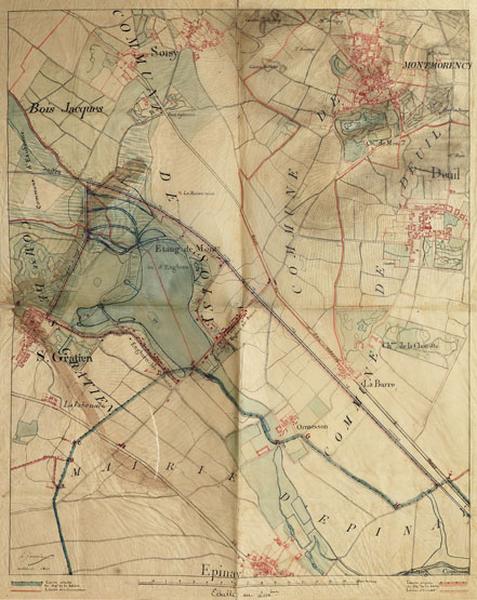 Plan indiquant l'emprise de la nouvelle commune d'Enghien, avec les différents territoires pris sur les communes de Soisy, Deuil, Saint-Gratien et Epinay. Les limites du département de la Seine sont en bleu, celles des communes en rose. 1846.