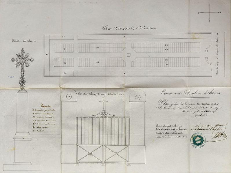 Plan général du cimetière avec le détail de la croix de cimetière et du portail d'entrée.