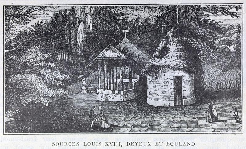 Vue d'ensemble des premiers pavillons de sources. Gravure, milieu 19e siècle.