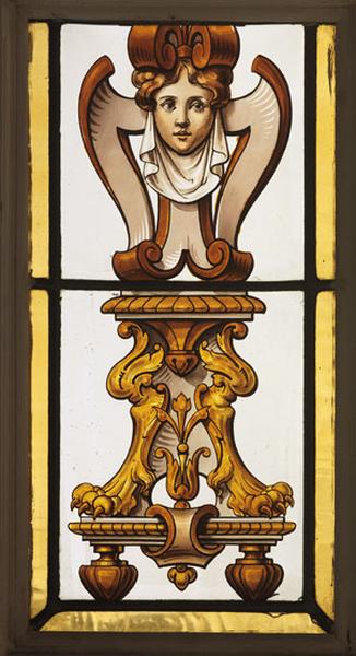 Verrière déposée du salon : détail du motif inférieur de l'un des panneaux latéraux figurant le pied du candélabre surmonté d'un mascaron.
