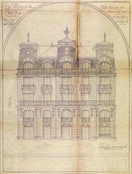 Projet d'élévation d'une façade du Windsor Castle avec l'inscription portée en haut à gauche : ' cette façade se poursuit tout au pourtour du bâtiment' (février 1912). Cette façade, plus développée en nombre de travées concerne la partie donnant sur l'allée des Ecoles.