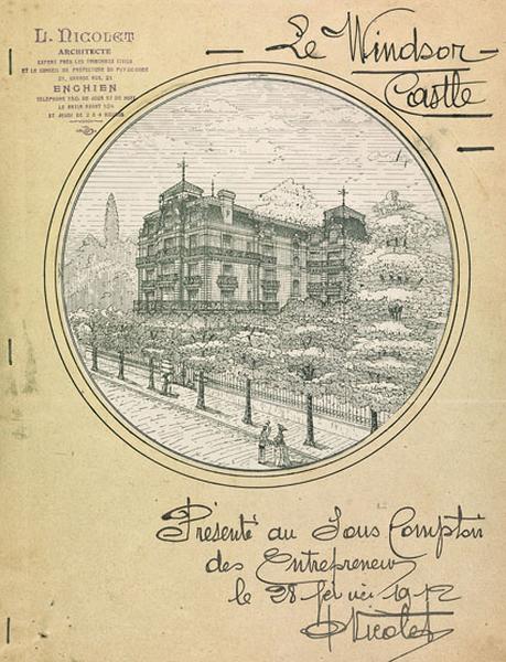 Vue d'ensemble du projet en élévation perspective avec proposition de jardin (28 février 1912).