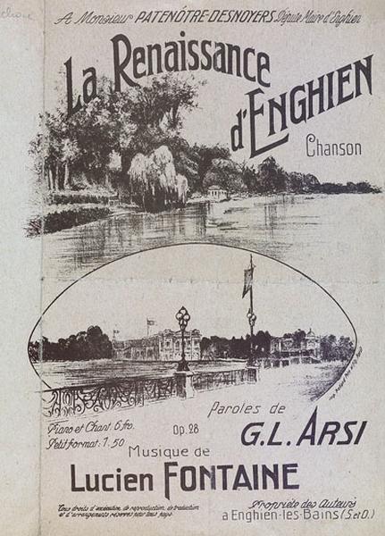 Première de couverture de la partition dédiée au maire d'Enghien Patenôtre Desnoyer (maire de 1919 à 1944), intitulée ' La Renaissance d'Enghien'.