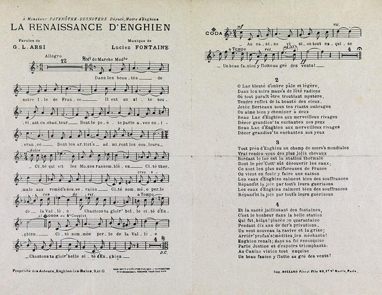 Partition dédiée au maire d'Enghien, Patenôtre Desnoyer. Détail de la partition et du livret.