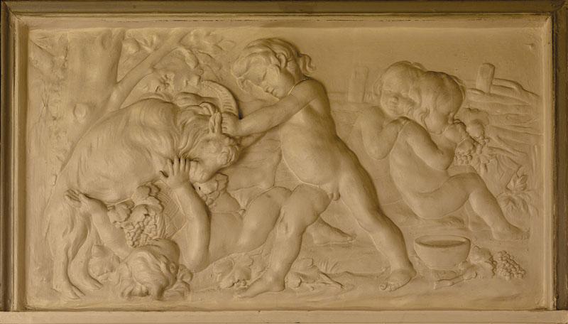 Détail du panneau sculpté dans le salon : l'Automne, d'après le sculpteur du 18e siècle Bouchardon