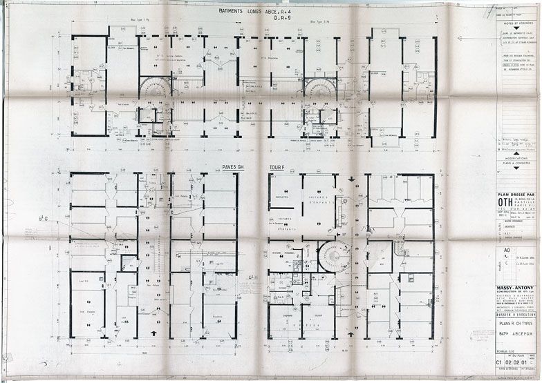 Plan de rez-de-chaussée des bâtiments A à H réalisé par l'architecte Jean Ginsberg en 1964. Plan, échelle 1/50, 1964. (AD Essonne, 1502W 1399)