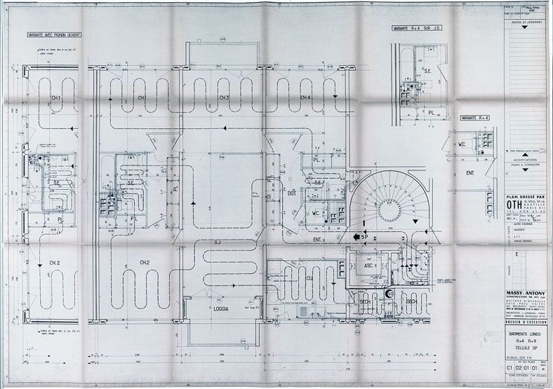 Plan d'un logement de 5 pièces, bâtiments A, B, C, D, E, G et H, réalisé par l'architecte Jean Ginsberg en 1964. Plan, échelle 1/20, 1964. (AD Essonne, 1502W 1399)