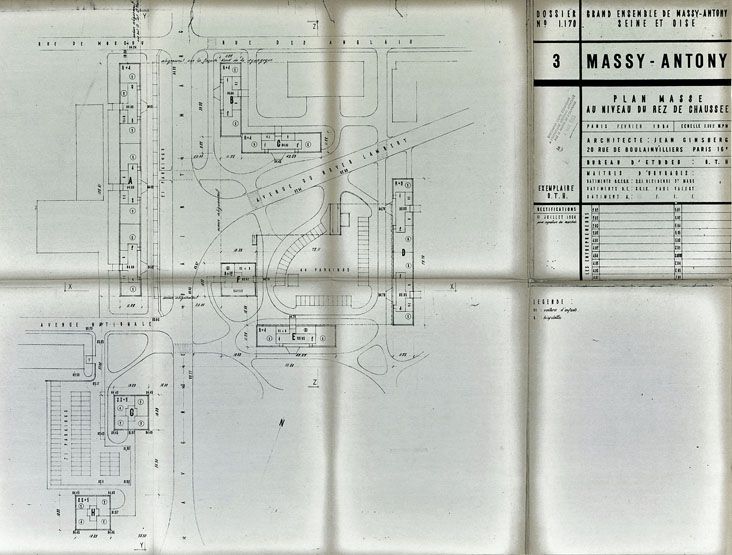 Plan masse réalisé par l'architecte Jean Ginsberg en février 1964. Plan, échelle 1/500, 1964. (AD Essonne, 1502W 1399)