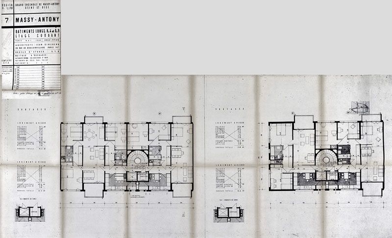Plan d'étage des bâtiments A, B, C, D, E, G, et H, réalisé par l'architecte Jean Ginsberg en mai 1965. Plan, échelle 1/50, 1965. (AD Essonne, 1502W 1399)