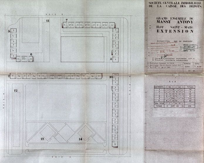 Plan de répartition des rez-de-chaussée réalisé le 17 août 1959 par les architectes Sonrel, Duthilleul et Mikaelian. Plan, échelle 1/500, 1959. (AD Essonne, 1153W 331)