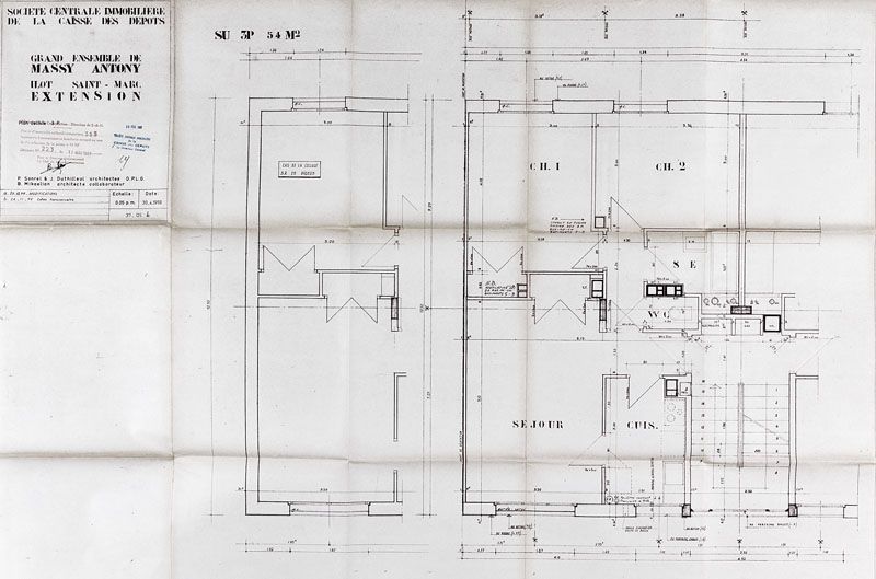 Plan d'un logement de 3 pièces réalisé le 30 avril 1959 par les architectes Sonrel, Duthilleul et Mikaelian. Plan, échelle 1/20, 1959. (AD Essonne, 1153W 331)