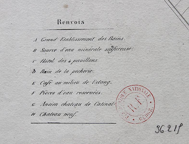 Plan du lotissement Peligot autour du lac : 'Nouveau village d'Enghien les Bains' vers 1830. Détail de la légende.