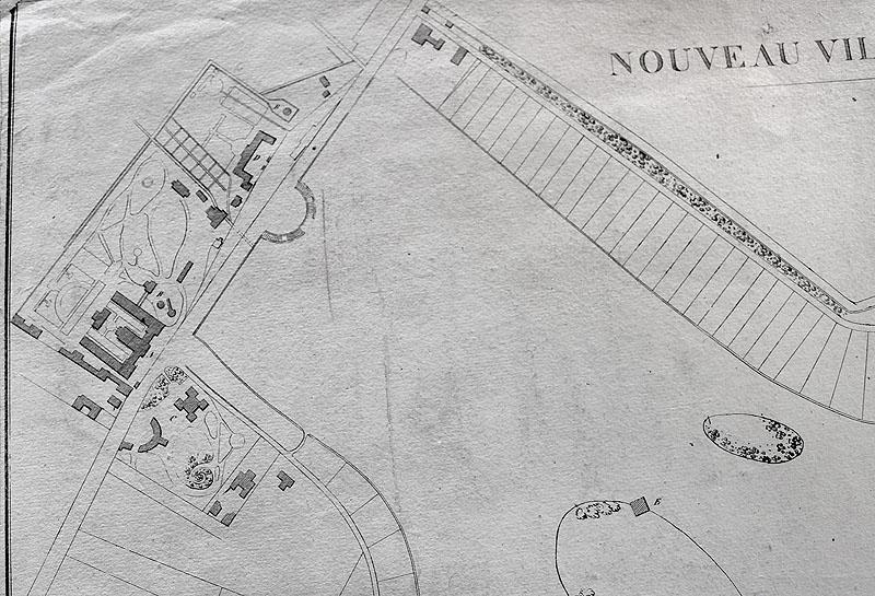 Plan du lotissement Peligot autour du lac : 'Nouveau village d'Enghien les Bains' vers 1830. Détail sur les parties bâties devant la jetée du lac avec les deux établissements thermaux.