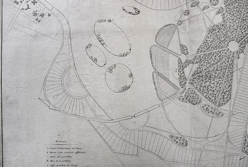 Plan du lotissement Peligot autour du lac : 'Nouveau village d'Enghien les Bains' vers 1830. Détail au niveau des parcellaires en éventail.
