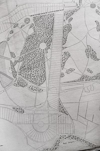 Plan du lotissement Peligot autour du lac : 'Nouveau village d'Enghien les Bains' vers 1830. Détail sur le parcellaire en bande situé entre le parc du château et le lac.