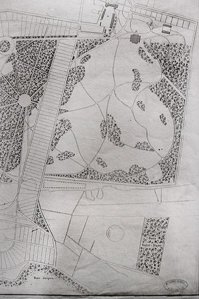 Plan du lotissement Peligot autour du lac : 'Nouveau village d'Enghien les Bains' vers 1830. Détail sur le parc du château, bois Notre Dame et Bois Jacques.