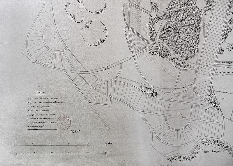 Plan du lotissement Peligot autour du lac : 'Nouveau village d'Enghien les Bains' vers 1830. Détail sur les trois éléments en hémicycle.