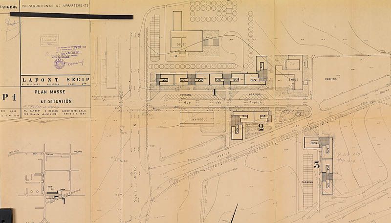 Plan masse de l'ensemble, 15 mai 1963. 3 immeubles R+4 situés au sud de la place de France et à proximité de la synagogue et de l'église évangélique luthérienne Saint-Marc. (AM Massy, 7 T 71)