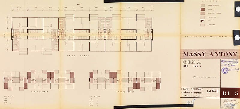 Plan d'étage courant et schéma de montage des barres R+10, juillet 1961. (AM Massy, 7 T 113)