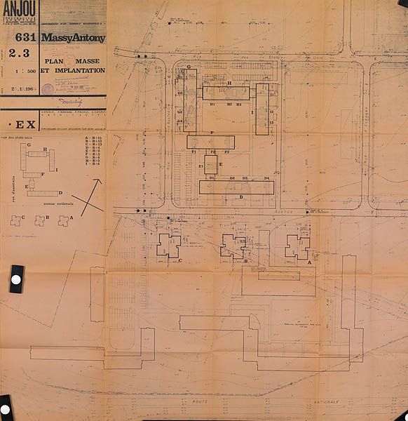 Plan masse de l'opération composée de 3 tours R+13 et barres R+2, R+3 et R+4, 20 octobre 1964. (AM Massy, 7 T 117)