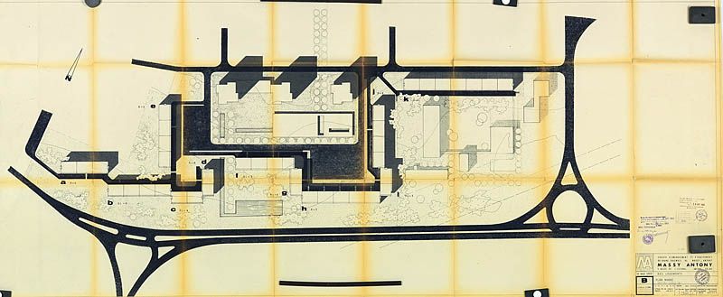 Plan masse de l'ensemble comprenant 11 barres R+3 et R+4, 14 mai 1963. (AM Massy, 7 T 74)