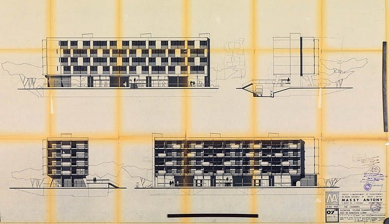 Elévation des façades et pignons et coupe. (AM Massy, 7 T 74)