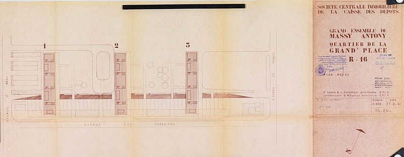 Plan masse des trois barres R+16 situées rue des Canadiens. (AM Massy, 7 T 199)