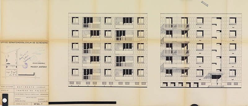 Travées de façades des immeubles R+4. Plan, 15 juin 1959. (AM Massy, 7 T 102)