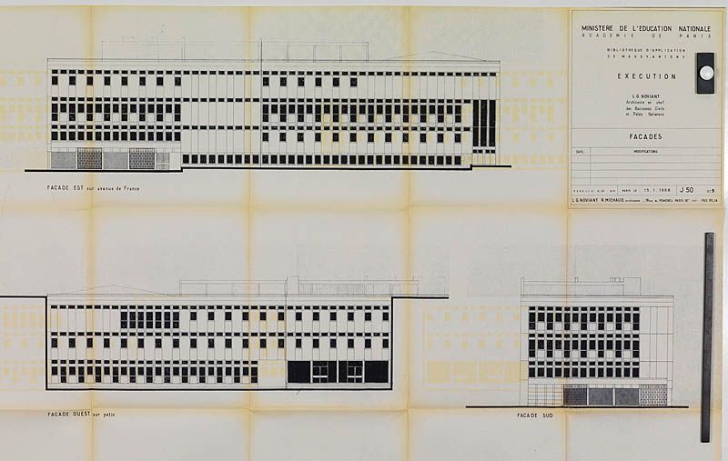 Plan des façades diamantées de la bibliothèque publique et bibliothèque d'application, aujourd'hui transformée en centre d'impôts. (AM Massy)