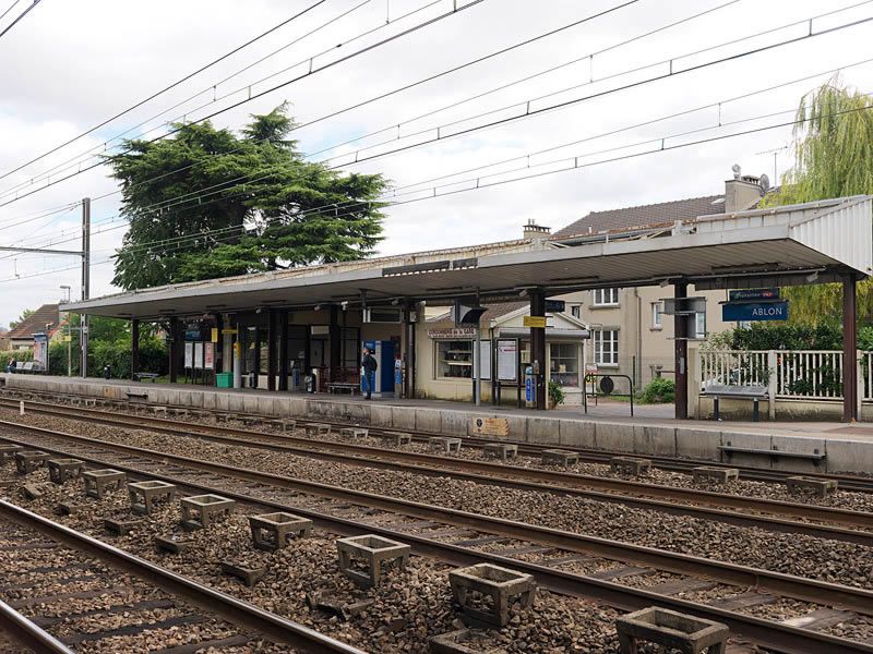 Ablon-sur-Seine, gare, place de la Libération. Vue d'ensemble de la gare: quais et voies.