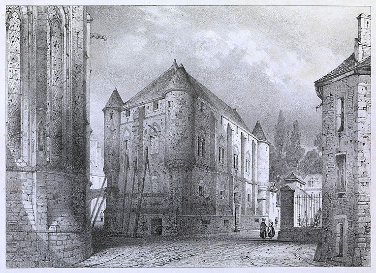 Vue d'ensemble, depuis la rue Notre-Dame. Lithographie. (Musée Bossuet, Meaux)