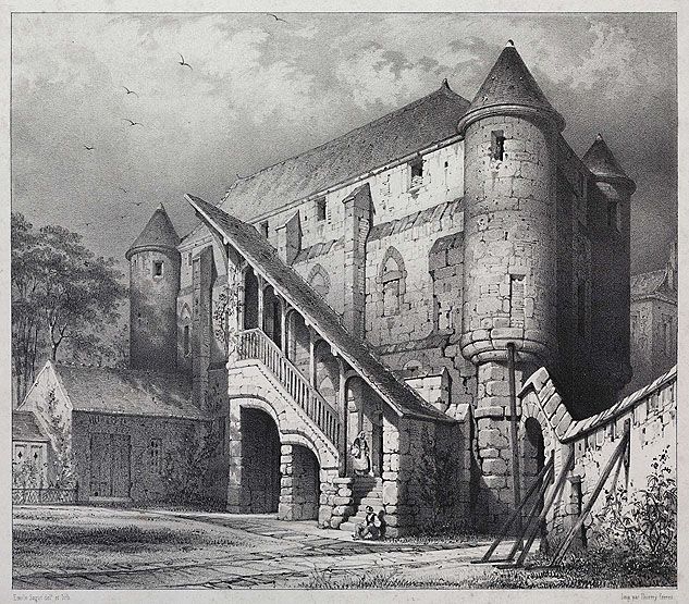 Vue d'ensemble, depuis le sud-ouest. Lithographie. (Musée Bossuet, Meaux)