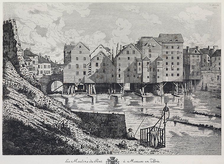 Les moulins du pont à Meaux en Brie". Gravure, 1878. (Musée Bossuet, Meaux)