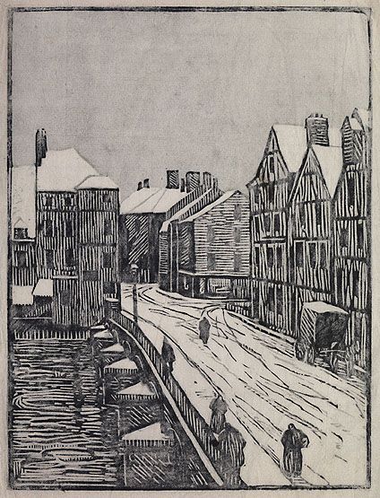 Le pont-aux-moulins sous la neige. Gravure sur bois, vers 1920. (Musée Bossuet, Meaux)