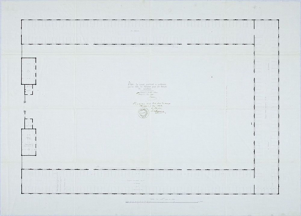 Ecuries provisoires à construire par la ville de Meaux pour le quartier de la cavalerie, 1842 : plan d'ensemble. Encre sur papier. (AD Seine-et-Marne. 4 Op 284/4)