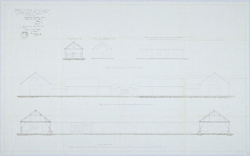 Ecuries provisoires à construire par la ville de Meaux pour le quartier de la cavalerie, 1842 : coupes et élévations. Encre sur papier. (AD Seine-et-Marne. 4 Op 284/4)