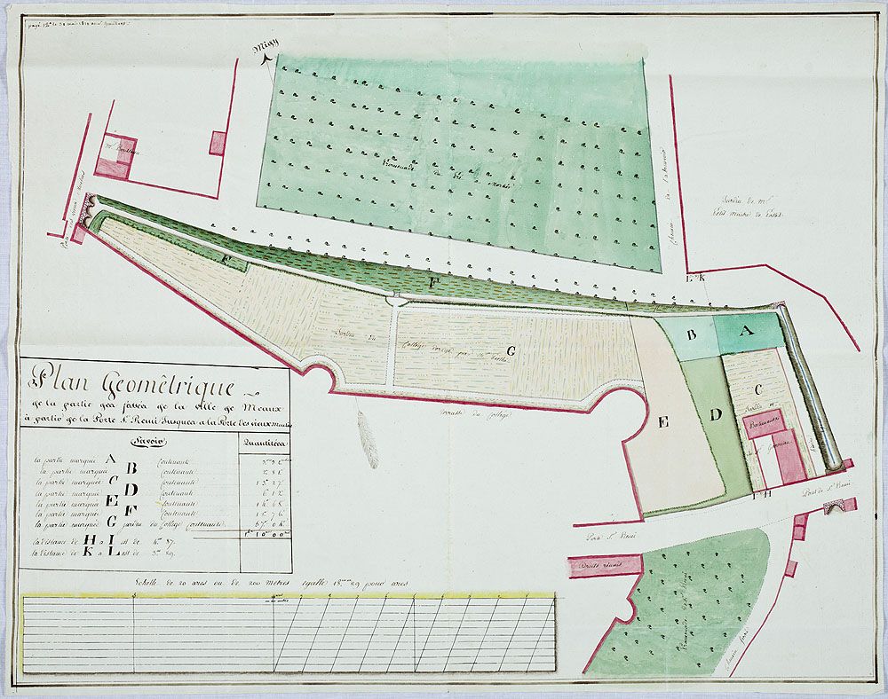 Plan géométrique de la partie des fossés de la ville de Meaux à partir de la porte Saint-Remy jusque à la porte des Vieux Moulins" (1809). Papier aquarellé. (AD Seine-et-Marne. 4 Op 284/5)