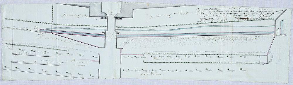 Plan du Brasset aux abords de la porte Saint-Nicolas, 16 nivôse an VIII. Papier aquarellé. (AD Seine-et-Marne. 4 Op 284/6)